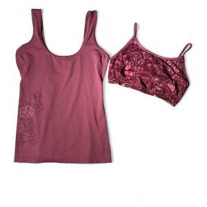 REI Co-op Tank Top and Bralette Set Burgundy Floral Athleisure M Y2K 2 Piece
